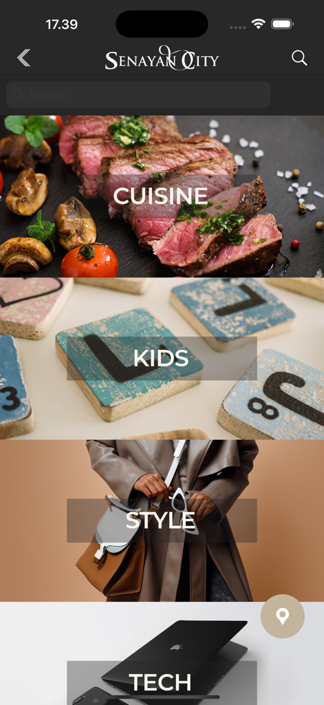 Senayan City - Senayan City mobile app interface showing lifestyle shopping categories for cuisine kids style and tech