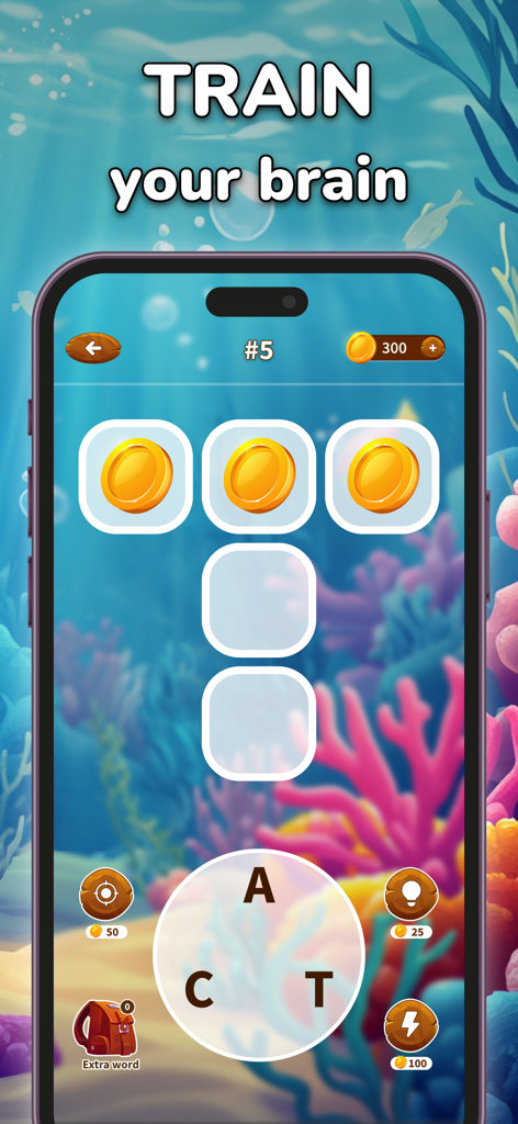 Mobile screen of Cross Words puzzle game featuring an underwater theme and brain training text.