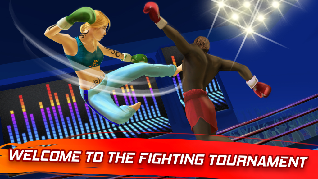 Kickboxing Fighting Master 3D - 3D gameplay of a kickboxing match with a female fighter landing a kick
