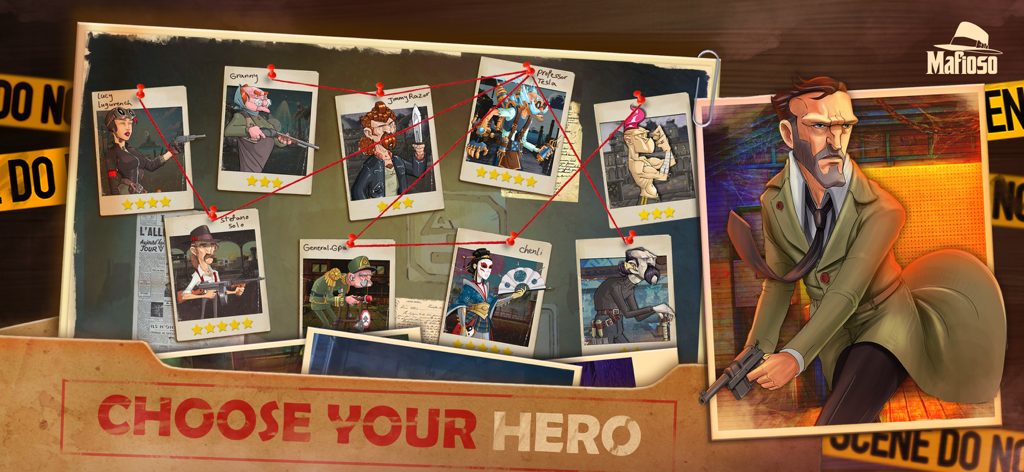 Charakterauswahlbildschirm in Godfather of Mafia City, der verschiedene Heldenkarten zeigt, die an einer Beweistafel angeheftet sind