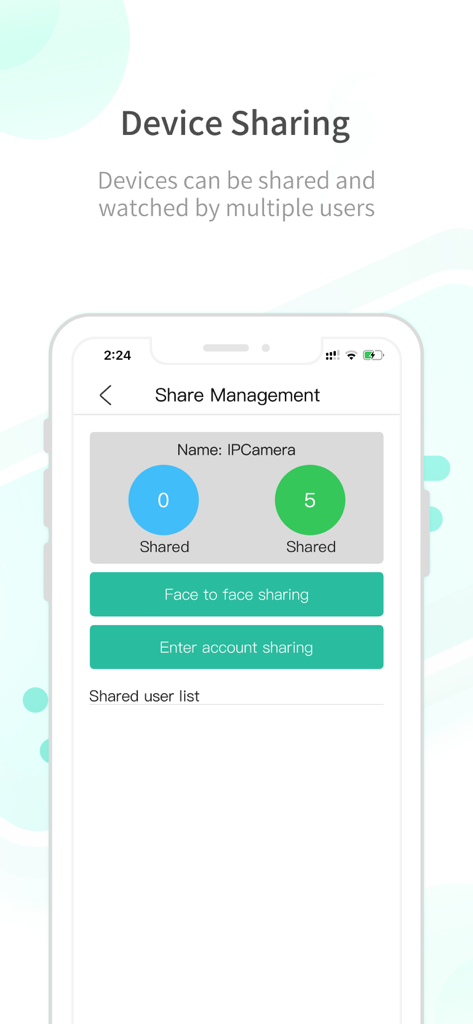 HapSeeMate app device sharing screen showing options to share camera access with other users