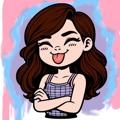 realistic girl crossing her arms and wearing a tank top with her tongue held out she has long hair