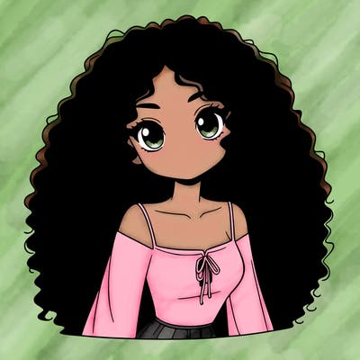 a black anime girl with long afro hair