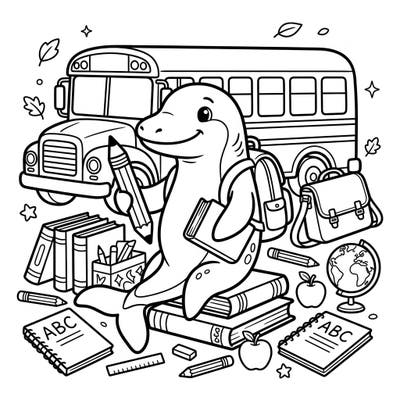 Our delightful Mixosaurus is all set for a new school year, surrounded by essential school supplies and a classic yellow bus. This charming coloring page blends prehistoric wonder with the excitement of back-to-school preparations.