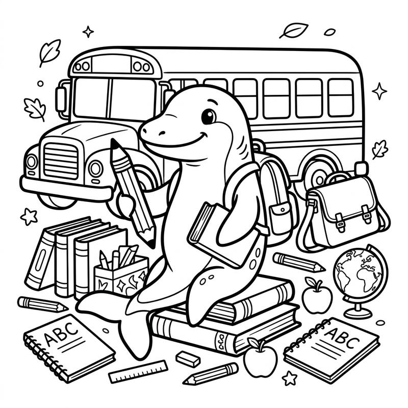 Our delightful Mixosaurus is all set for a new school year, surrounded by essential school supplies and a classic yellow bus. This charming coloring page blends prehistoric wonder with the excitement of back-to-school preparations.