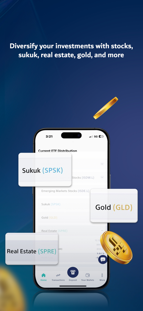Tamra Capital: Save & Invest - Un écran mobile montrant l'interface de l'application Tamra Capital avec des options d'investissement conformes à la Charia, y compris le Sukuk, l'Or et l'Immobilier.
