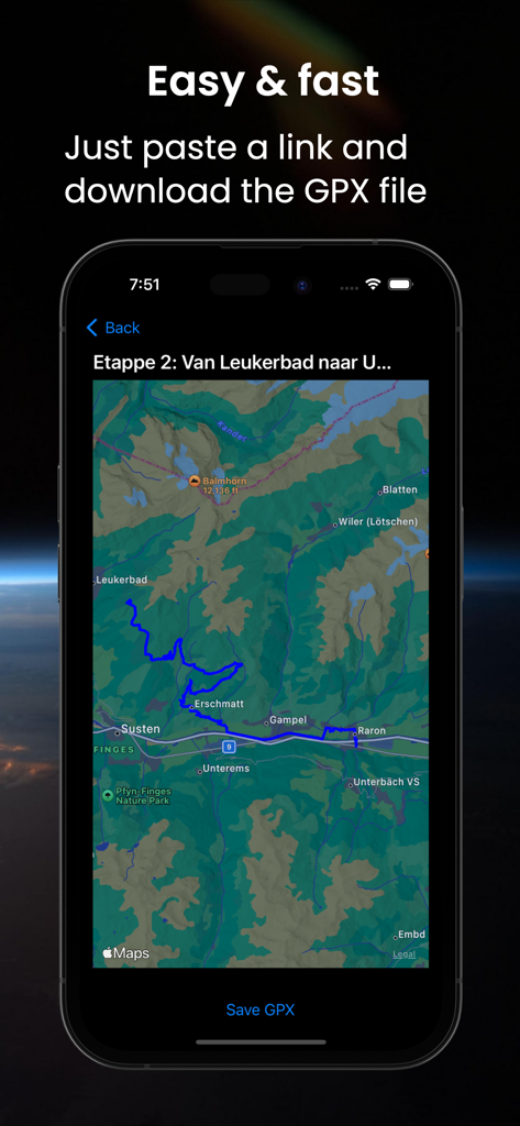 Interfaz de la aplicación móvil que muestra una ruta de senderismo en un mapa con un botón para guardar el archivo GPX