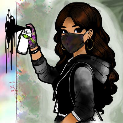 realistic girl with mask spray painting a wall