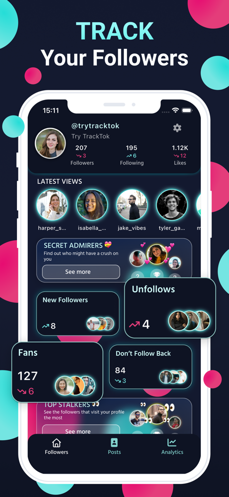 TrackTok app dashboard showing TikTok follower statistics secret admirers and profile view tracking features