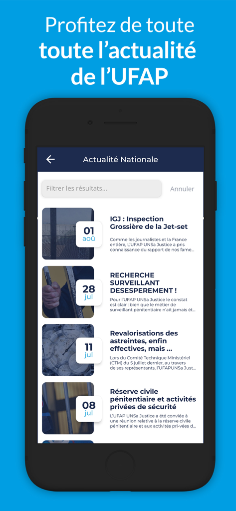 UFAP UNSa Justice - Interfaccia dell'app mobile UFAP UNSa Giustizia che mostra le notizie nazionali per gli agenti penitenziari