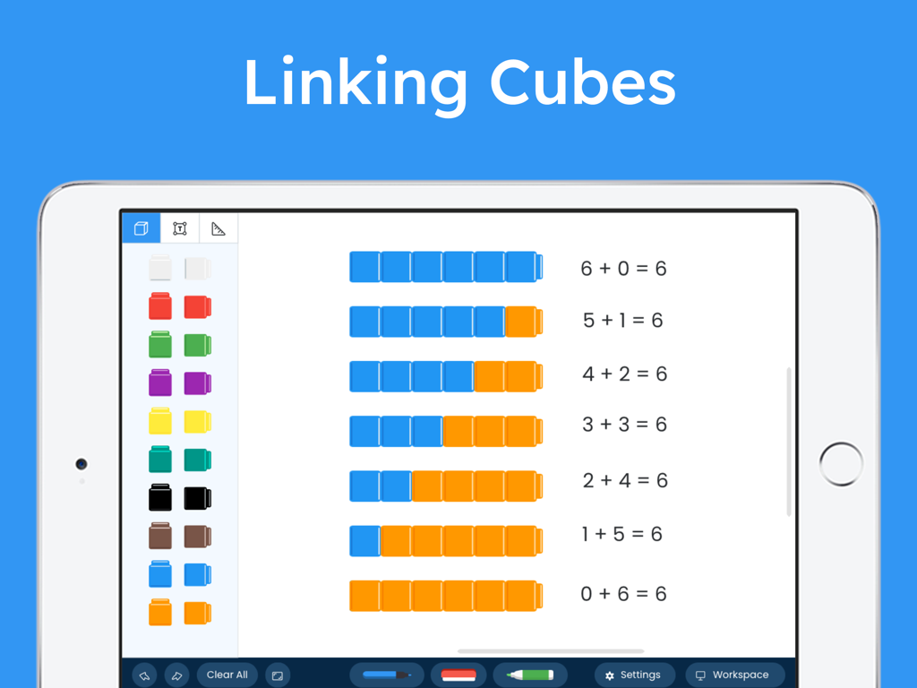 Brainingcamp app displaying addition models using virtual linking cubes on an iPad.