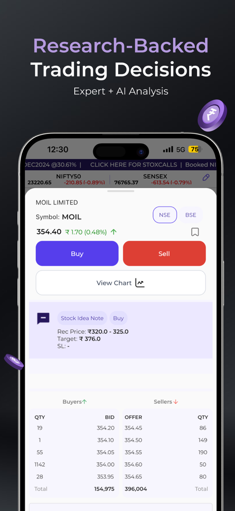 Interfaz de la aplicación StoxBox que muestra decisiones de trading respaldadas por investigación y análisis de acciones para invertir informado.