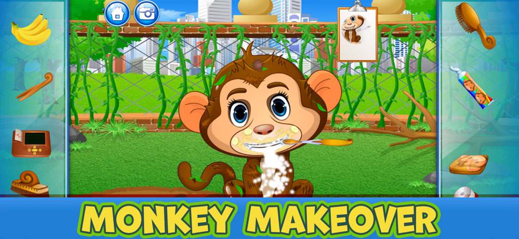 Zoo Animal Care Adventure Game - A monkey having its teeth brushed in the Monkey Makeover mini-game of the Zoo Animal Care Adventure app.