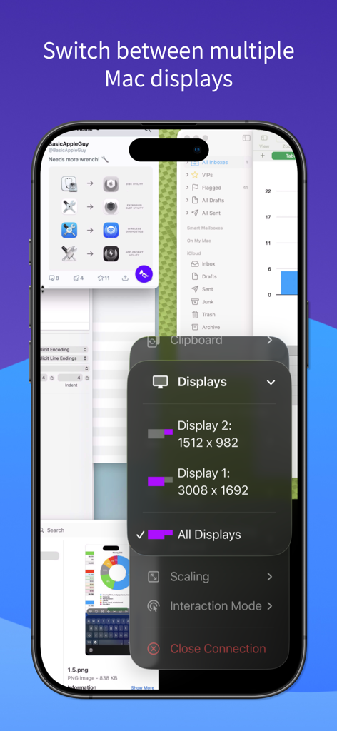 Interfaz de iPhone de la aplicación Screens 5 que demuestra la selección remota de múltiples pantallas y la configuración de resolución.