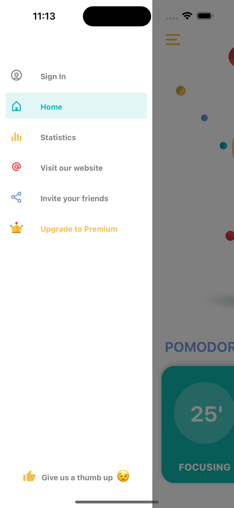 Pomodoro Daily - Menú de navegación lateral de la aplicación de productividad Pomodoro Daily que muestra opciones de inicio, estadísticas y mejora premium.