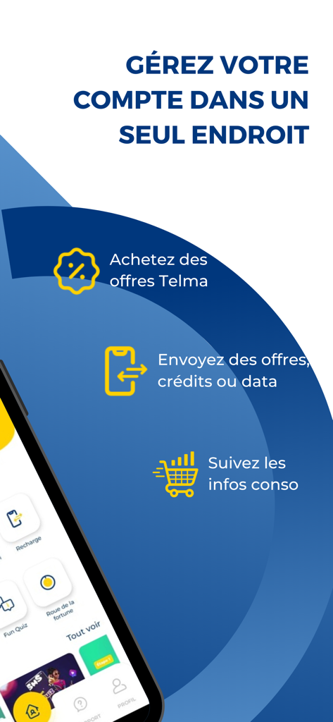 Interface do aplicativo Yas et moi exibindo opções para comprar ofertas Telma, enviar créditos ou dados e acompanhar o consumo da conta.