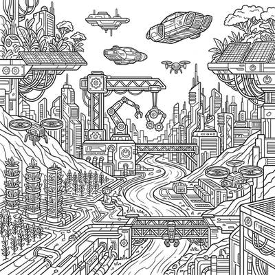 Dive into an extraordinary coloring experience where nature meets advanced technology in our Cyberpunk Fertile Valley. This intricate design offers a glimpse into a futuristic world, perfect for colorists seeking a creative challenge.