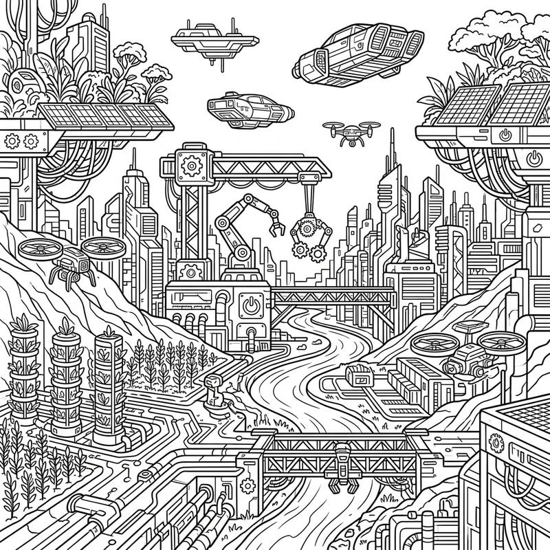 Dive into an extraordinary coloring experience where nature meets advanced technology in our Cyberpunk Fertile Valley. This intricate design offers a glimpse into a futuristic world, perfect for colorists seeking a creative challenge.