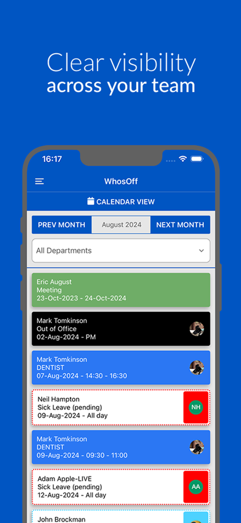 WhosOff. - WhosOff app screen showing clear visibility across a team with a list of planned absences and sick leave in a calendar view.
