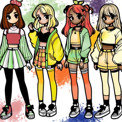 one girl with crop-top shirt and a jacket with a skirt, long socks and another girl with a shirt and pants with a jacket