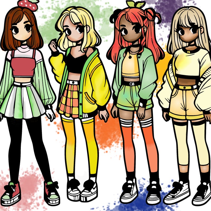 one girl with crop-top shirt and a jacket with a skirt, long socks and another girl with a shirt and pants with a jacket