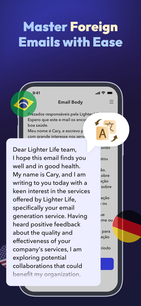 AI Email Generator: Xemail - Pantalla de un smartphone que muestra la aplicación Xemail traduciendo un correo profesional del portugués al inglés.