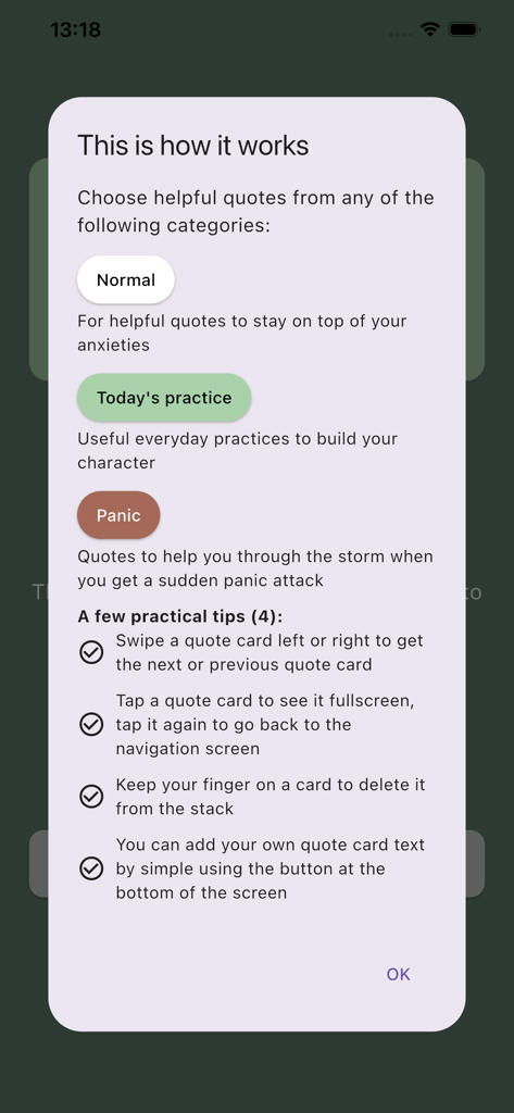 Daily Calm - Mindful Quotes - An instructional pop-up showing how to use the Daily Calm app categories and quote navigation features.