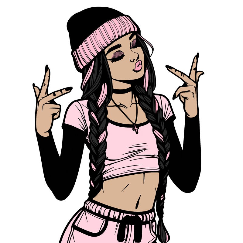 realistic teenage girl with braids and a beanie and crop top doing 🫶🏼