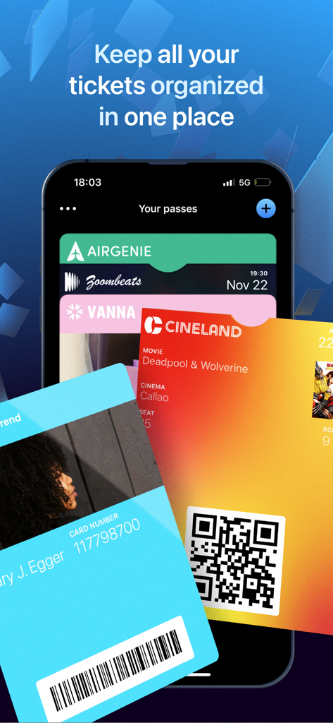 iPhone screen showing various digital passes and tickets organized within the Walletsmith app