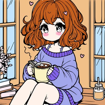 cute anime girl reading book and drinking hot chocolate from mug with loose wavy hair wearing a baggy sweatshirt and shorts sitting by windowsill looking out