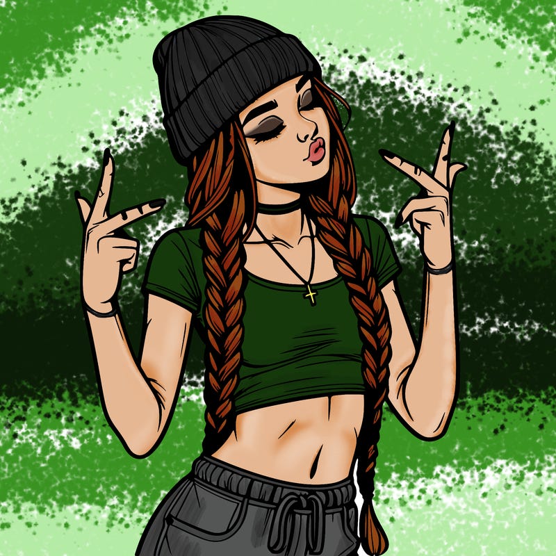 realistic teenage girl with braids and a beanie and crop top doing 🫶🏼