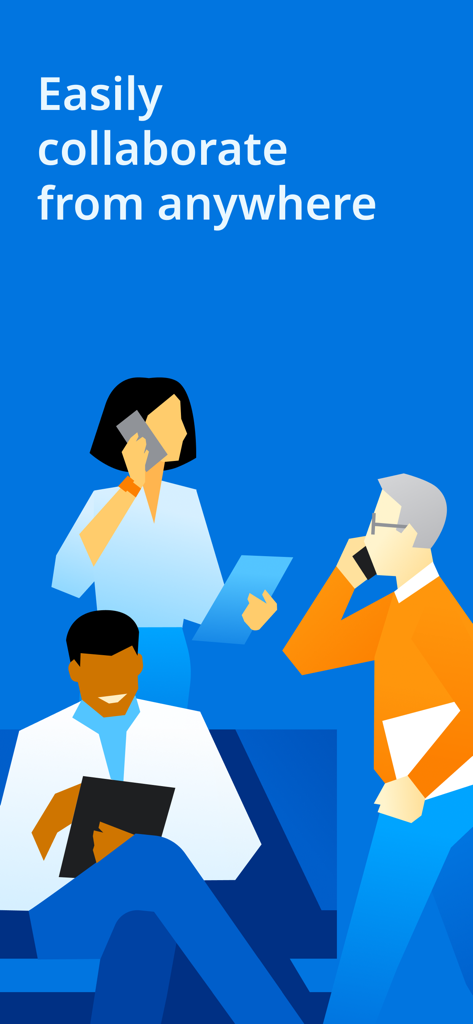 Intermedia Unite - Une illustration montrant des professionnels collaborant via des appareils mobiles sur un fond bleu