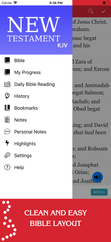 Side navigation menu of the New Testament KJV app showing options for daily reading and personal notes.