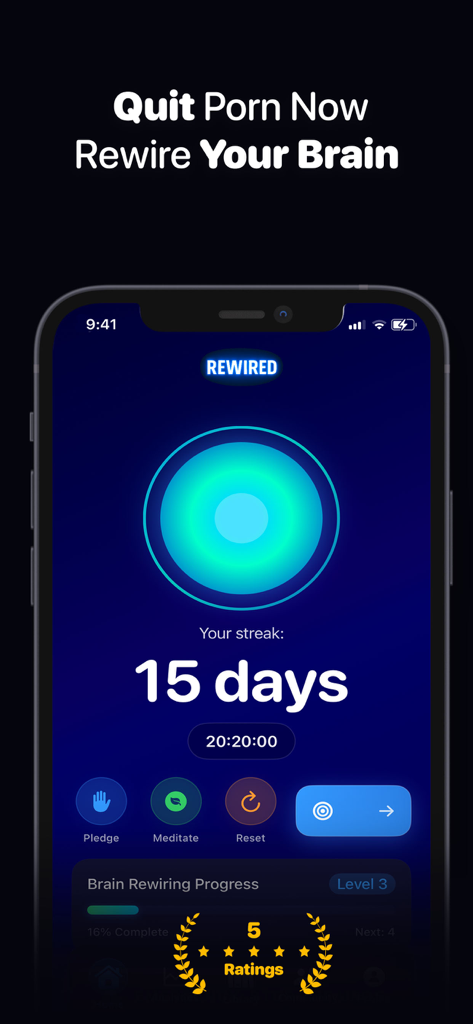 Rewired app interface showing a 15 day streak and brain rewiring progress dashboard.