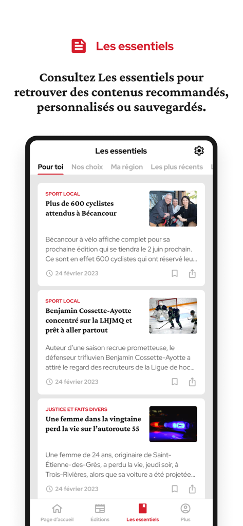 Le Nouvelliste - Screenshot of the Les essentiels section in the Le Nouvelliste app featuring personalized local news articles from Mauricie