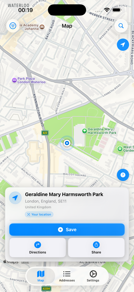Address Finder & My Location - Map view of the Address Finder app showing a pinpointed location in London with options to save directions and share