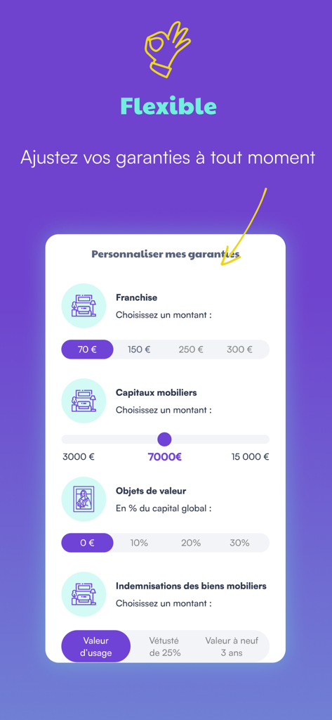 Écran de l'application Leocare pour personnaliser la couverture d'assurance et les franchises