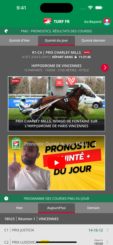 Interface de l'application mobile TURF FR montrant les pronostics hippiques PMU et les programmes de courses quotidiens