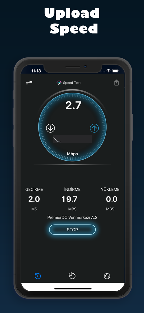 Pantalla de iPhone que muestra la fase de medición de velocidad de carga de la aplicación Velocidad de Internet