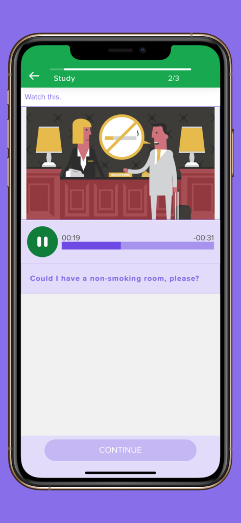 Learn English Now app screenshot showing a business English lesson about requesting a non-smoking room at a hotel reception.