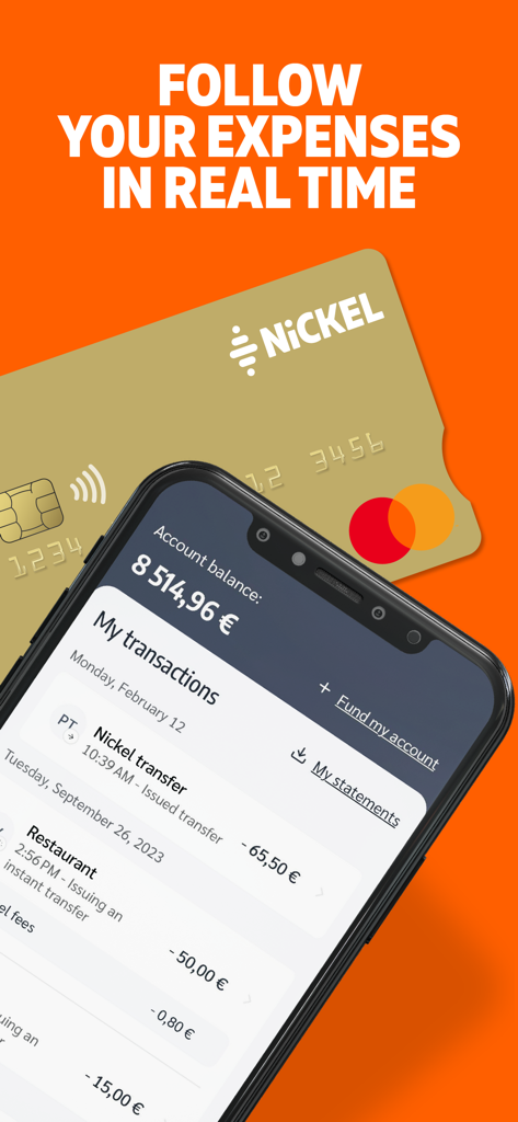 Nickel - The account for all - Lo schermo di uno smartphone che mostra la cronologia delle transazioni e il saldo del conto dell'app Nickel accanto a una Mastercard Nickel fisica.