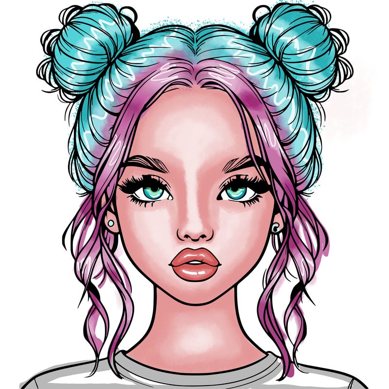 realistic girl with two buns in hair and lips