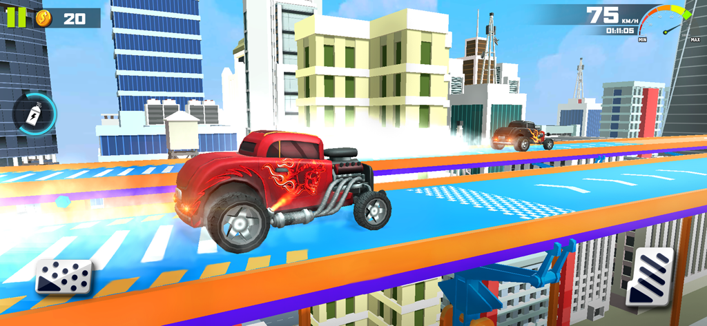 Race Master 3D - Car Stunts - Red hot rod car with flames racing on an elevated city track