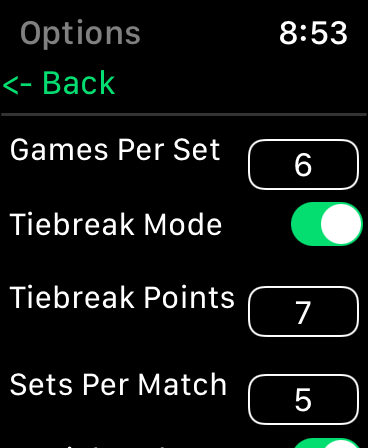 Tennis - Score Keeper - Tennis Score Keeper app settings on Apple Watch showing match rule configurations