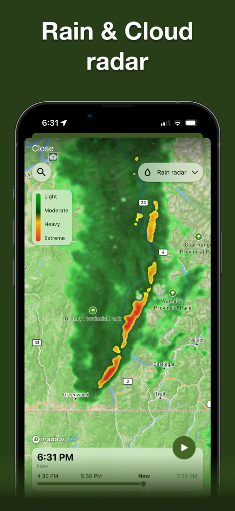 Rain and cloud radar map showing precipitation intensity for hunting planning.