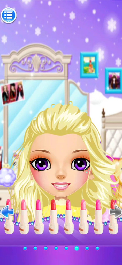 Princess Fashion Makeup - A blonde princess character in a makeup game with various lipstick color options displayed