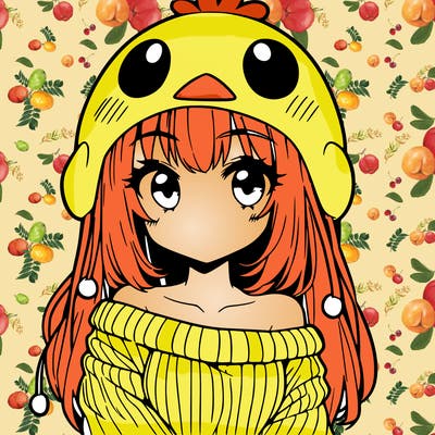 anime girl with chick shaped hat with sweater with bare shoulders with bangs covering them one eye with low tail