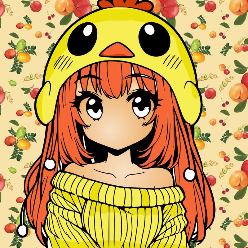 anime girl with chick shaped hat with sweater with bare shoulders with bangs covering them one eye with low tail