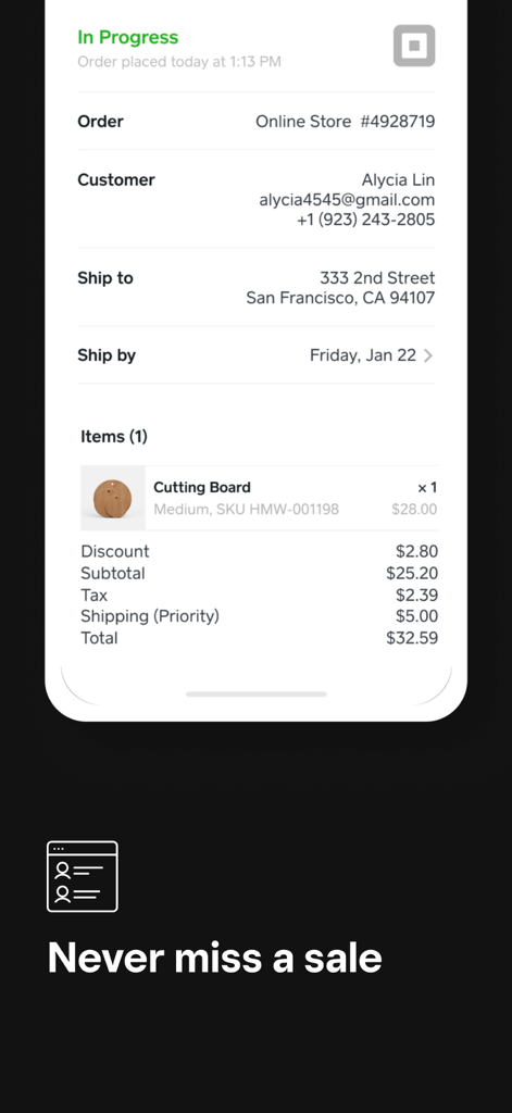 A mobile interface of Square for Retail showing an in-progress online store order with customer contact and shipping details