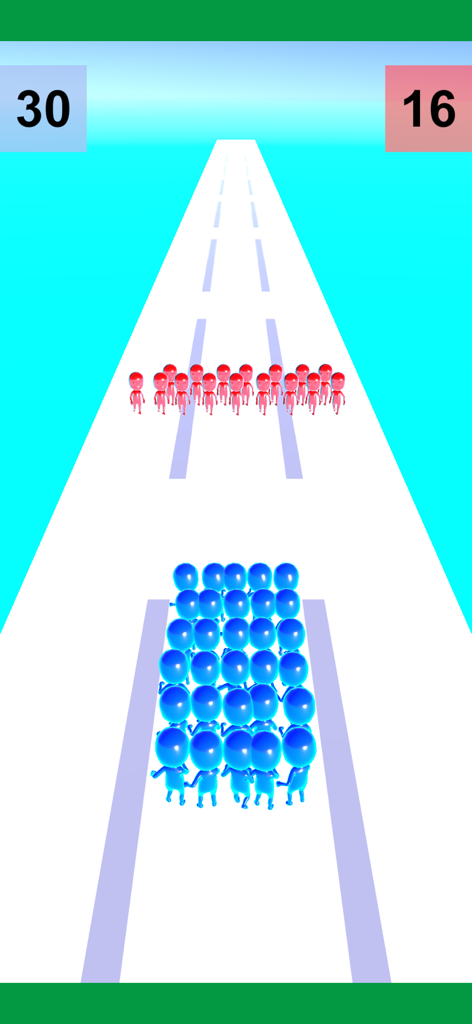 Gameplay screenshot of Blue Army Arabic Questions showing blue and red character crowds on a running track.
